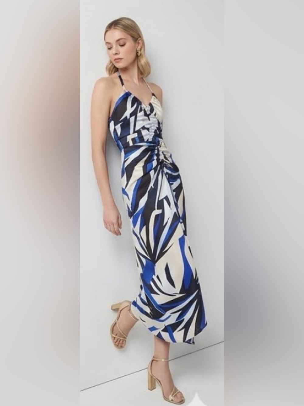 NEW WHITE HOUSE BLACK MARKET WHBM BAY PALMS ECRU SATIN HALTER CINCH MIDI DRESS 8 - Picture 1 of 11